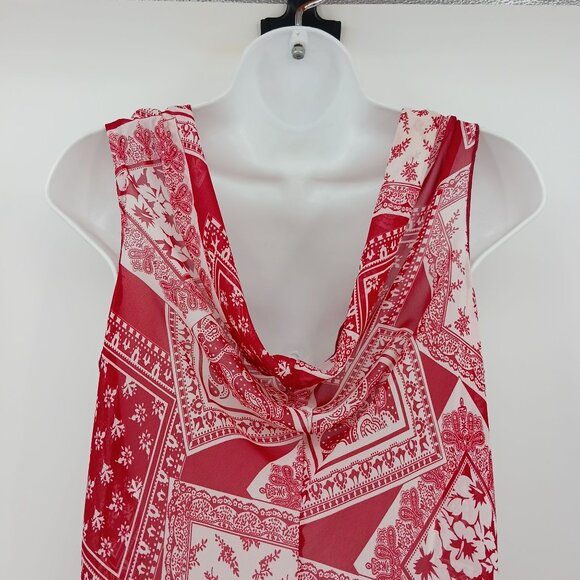 RAVE Y2K Red White Bandana Print Asymmetrical Hem Sheer Top - Picture 6 of 12